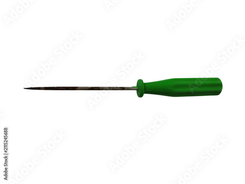 Old rusty screwdriver with a green plastic handle
