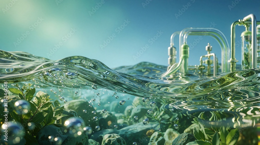 Fototapeta premium Green hydrogen infrastructure factory pipes sit above clear ocean water surface. Transparent liquid waves contain floating air bubbles, underwater plants. Modern industrial tech produces clean