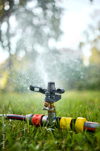 Foto Garden sprinkler spraying fine mist over lush green lawn in sunny backyard with