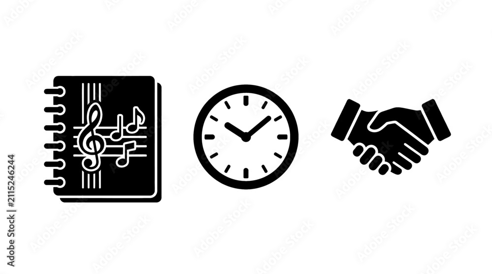 Fototapeta premium Creative collaboration concept with music notes notebook clock handshake on transparent background