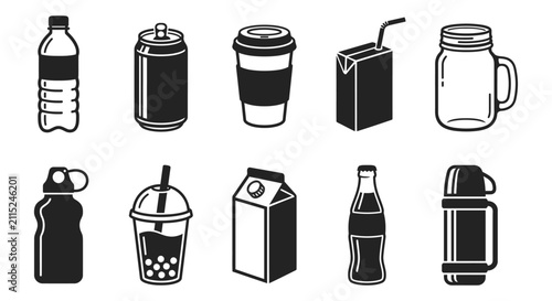 Mixed Beverage Container Icon Set with Plastic Water Bottle, Coffee Cup, and Soda Can Vector