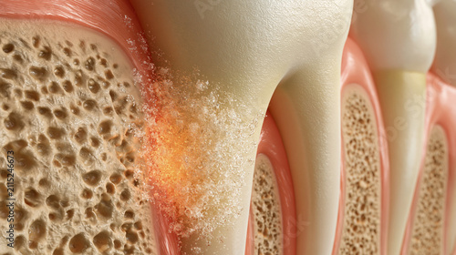 Foto 3D medical illustration of advanced periodontitis showing severe gum inflammation and bone loss around a tooth