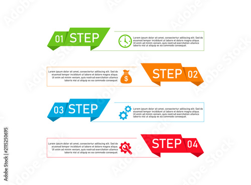Modern infographic banner set with 4 steps, colorful numbered process ribbons for business presentations, professional workflow diagram vector