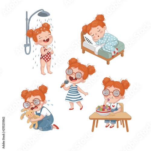 Vector set of a cute redhead girl with different emotions and everyday activities. Child sleeps, sings, eats, takes a shower and cries. Perfect for children's books, education, posters, greeting cards