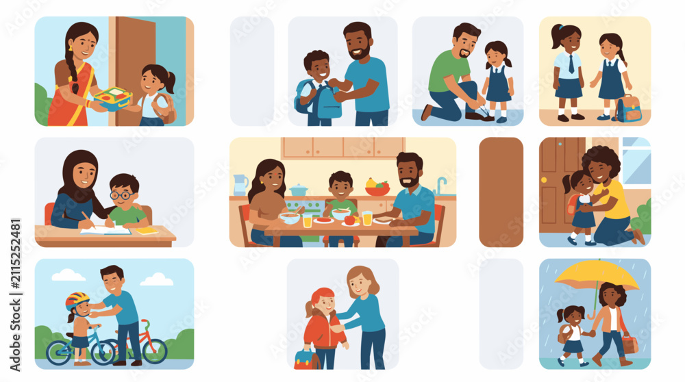Fototapeta premium Diverse families supporting children's education and childhood activities with love and care