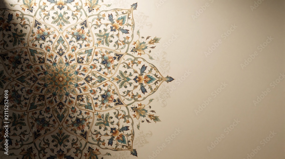 Naklejka premium Intricate floral mandala pattern ornament decorates soft beige wall space. Detailed arabesque design features blue green orange flowers leaves. Copy space available.