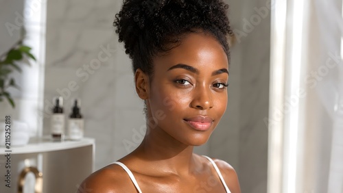 A young Black woman with radiant, glowing skin and her hair styled in a bun poses elegantly, her gentle smile reflecting confidence and natural beauty in a well-lit indoor setting.