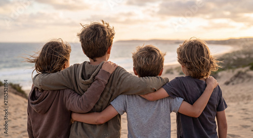 Three young brothers or friends sit side by side on a sandy beach looking towards the sea during sunset