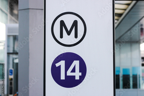 Metro station sign inside modern public transportation terminal, airport