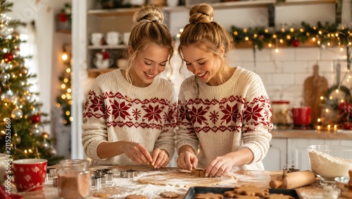 Two smiling young women wearing matching Christmas sweaters knead dough and prepare holiday cookies in a festive kitchen, surrounded by Christmas tree and decorations.