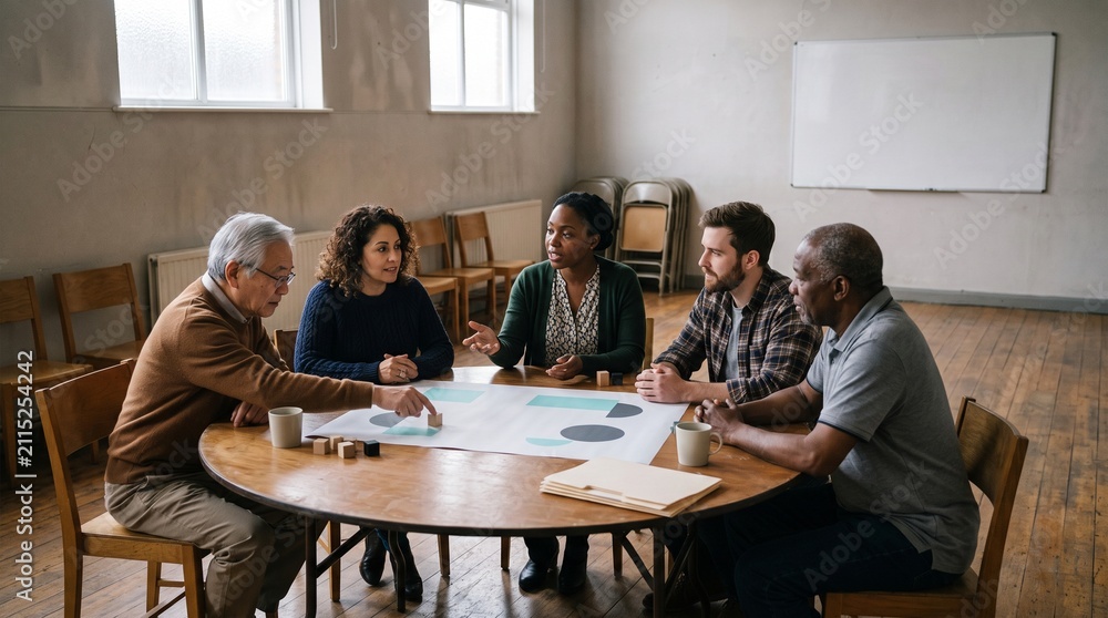 Fototapeta premium Residents plan neighborhood cooling priorities at a civic workshop