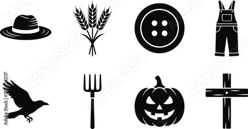 Canvastavla Halloween icons set with witch hat wheat button overalls crow