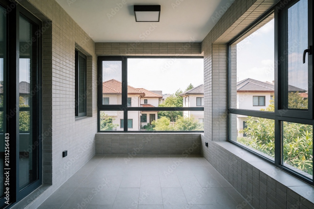 Fototapeta premium Modern empty balcony with large windows, tiled walls and floor. Offers view of residential neighborhood with houses and green trees. Bright space with neutral design.