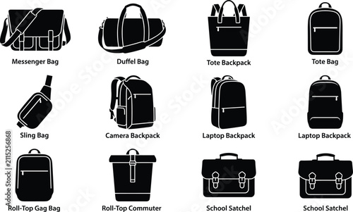 Bag Silhouette Collection with Backpacks Messenger Duffel Tote and School Satchel Vector Set