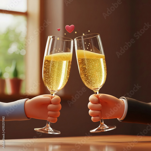 Cartoonish illustration of Romantic Champagne Toast with Sparkling Flutes, Floating Hearts and Festive Celebration in Elegant Party Setting