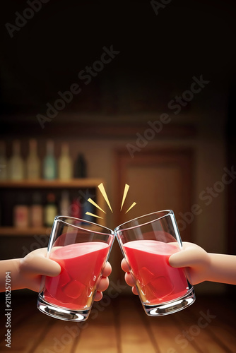 Two Hands Toasting Pink Cocktails in Cozy Bar with Golden Celebration Spark and Warm Ambient Lighting. Copy Space, aspect ratio 2:3