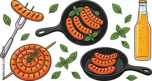 Fotografía Grilled German Sausage and Beer Vector Set with Bratwurst Skewer in Cast Iron Sk