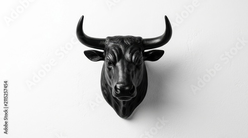 Black bull head sculpture on white studio wall, studio product photo, bold animal decor composition, high contrast light, black