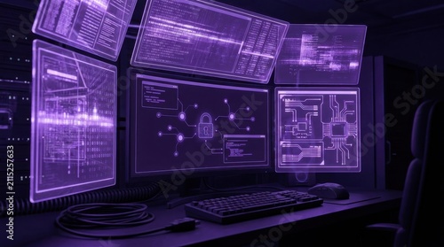 Dark computer terminal screen with glowing purple code panels, 3D illustration, cybersecurity concept composition, neon violet