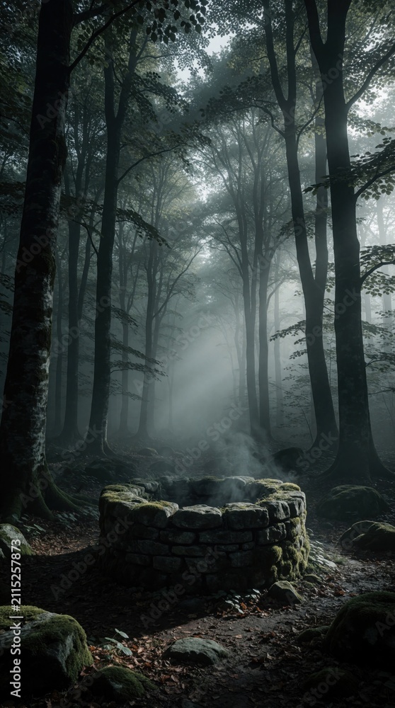 Fototapeta premium Old stone well stands in dark foggy forest area. Ancient mossy rocks form circle structure inside deep woods. Eerie mist floats above ground near deep water shaft. Surreal light beams pierce through