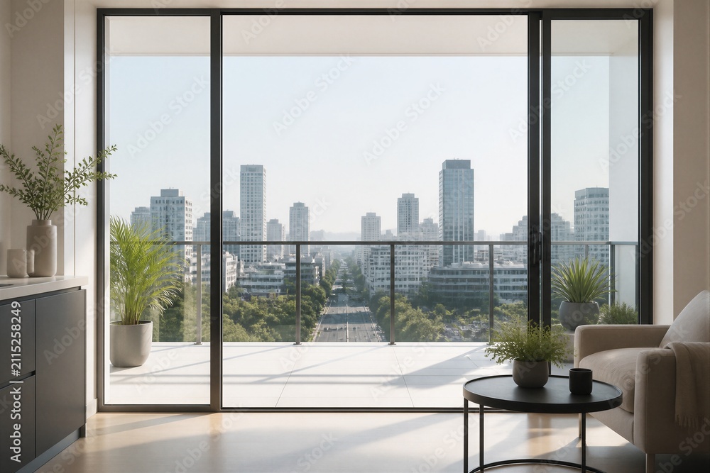 Obraz premium Open living room with balcony overlooking urban skyline