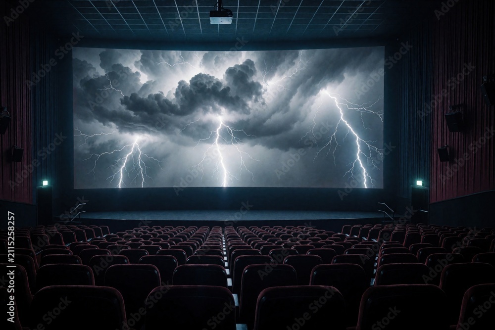 Obraz premium Empty cinema hall interior with large projection screen showing dramatic thunderstorm. Dark theater room features rows of red velvet seats facing big display with bright lightning flashes. Visual