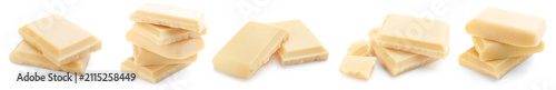 Fotografie White chocolate. Pieces isolated on white, set