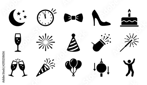 Canvas Print New Year's Eve party icons set, 15 black celebration vector symbols, midnight co