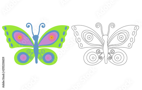 Butterfly coloring page for kids with a color sample. Vector illustration isolated on a white background.