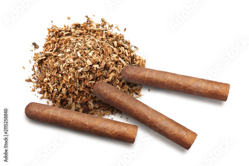 Fotografie Cigars and dried tobacco isolated on white, top view