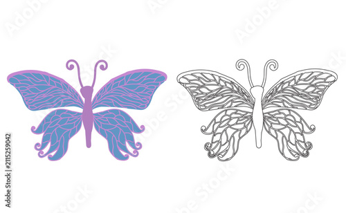 Butterfly coloring page for kids with a color sample. Vector illustration isolated on a white background.