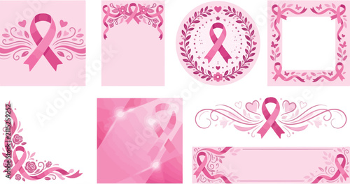 Collection of pink breast cancer awareness ribbons with decorative floral and heart elements