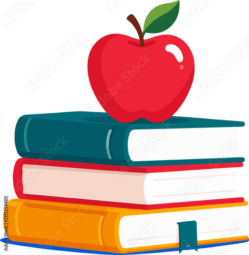 Cute Red Apple on Stack of Books Flat Vector Illustration