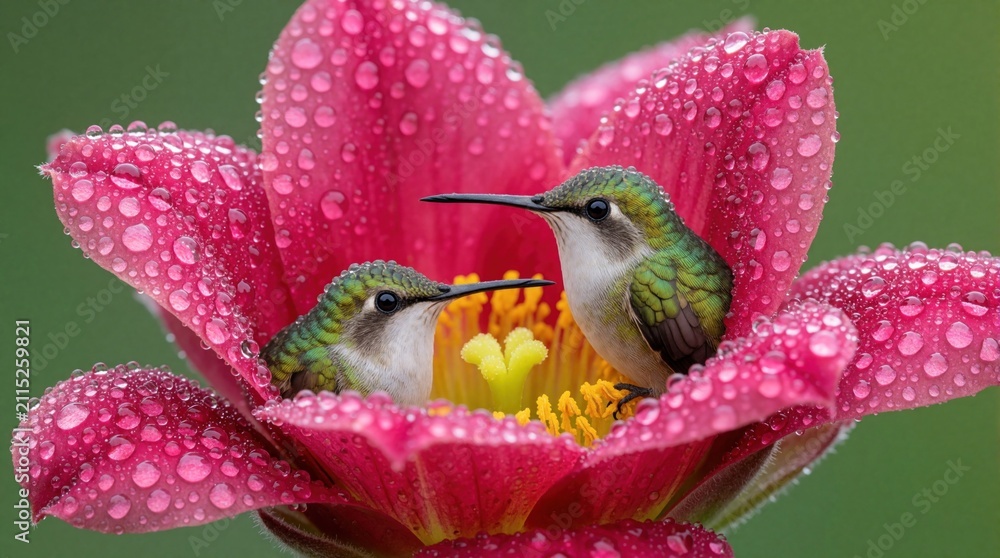 Fototapeta premium Two small hummingbirds sit inside large pink flower with rain water drops on petals. Tropical birds rest in blooming plant center. Wildlife macro shot shows vivid garden flora with green feathers,