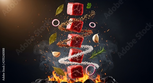 Floating grilled beef steak cubes with herbs, onion rings, smoke, and flames on a dark background, premium meat concept for steakhouse menus, barbecue advertising, and culinary branding