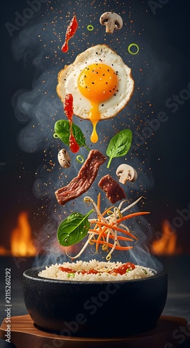 Floating fried egg, vegetables, herbs, and spices above a hot bowl of rice with steam and flames, dynamic Asian meal concept for restaurant menus, food advertising, and culinary branding