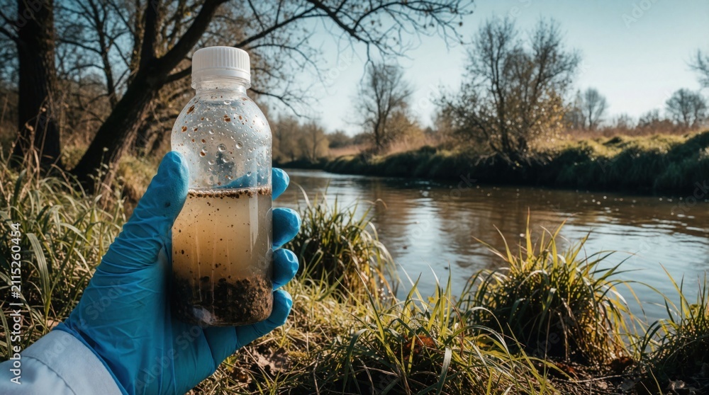 Obraz premium Scientist hand in blue glove holds dirty water sample from river. Analyst researches water quality and pollution in nature setting. Water testing outdoors near stream.