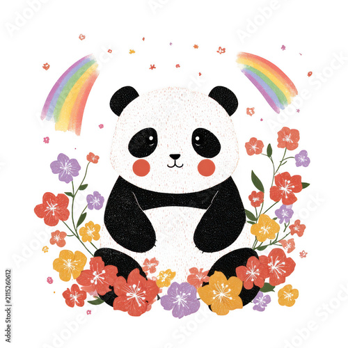Cute panda surrounded by rainbows and flowers on black background