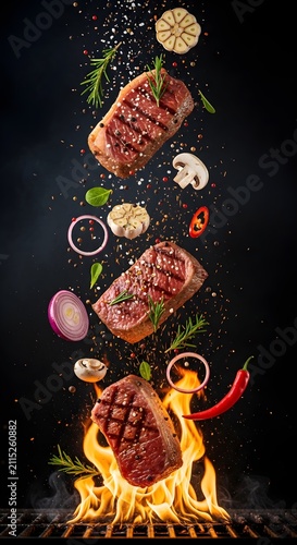 Flying Grilled Beef Steaks with Flames, Vegetables and Spices, Juicy Barbecue Meat for Steakhouse Menu, Restaurant Promotion and High Protein Food Advertising