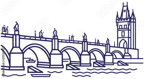 Quadro su tela Charles Bridge vector illustration with Old Town Bridge Tower and Vltava River i