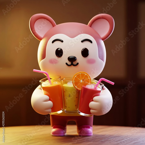 Cute Pink Bear Holding Colorful Iced Drinks with Fruit Garnish, Playful 3D Character Illustration for Summer Refreshment