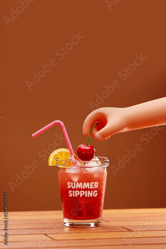 Cartoonish 3D illustration of Hand Garnishing Refreshing Red Summer Drink with Cherry, Lemon Slice and Pink Straw in Glass with label SUMMER SIPPING, Copy Space, aspect 2:3