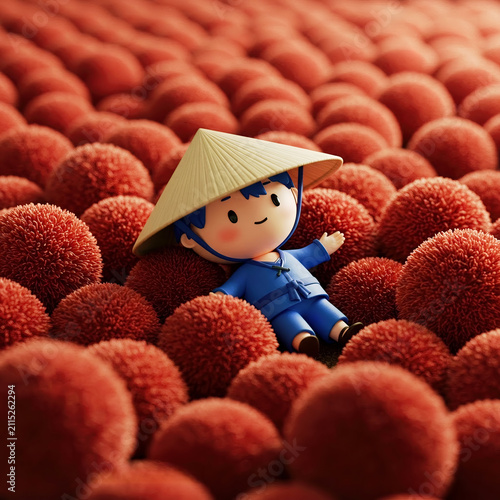 Whimsical 3D Cartoon Figure in Traditional Hat and Blue Outfit Surrounded by Reddish Orange Pom-Poms with Copy Space