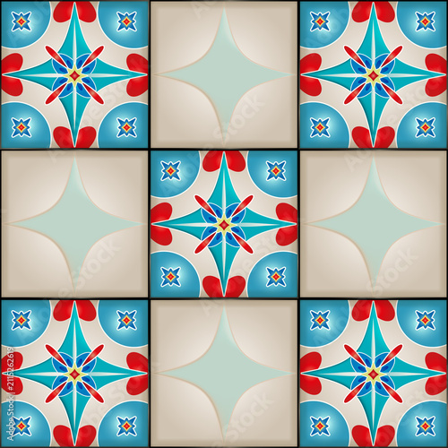 Colorful Portuguese Azulejo Ceramic Tile Seamless Pattern with Geometric Star Motifs