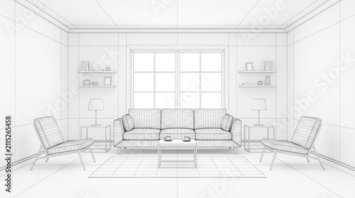 Modern interior design sketch with living room furniture and window view