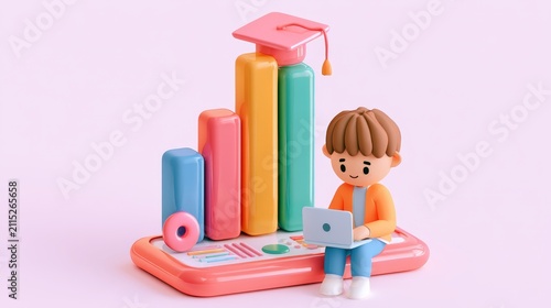 3D cartoon illustration of a pink school backpack full of school supplies and a red apple on pastel background