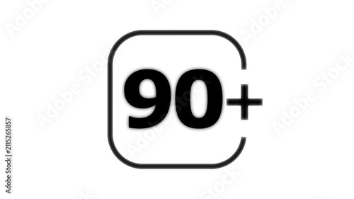 Black bold number ninety with a plus sign inside a rounded square frame on a white background for age restriction or rating indicator