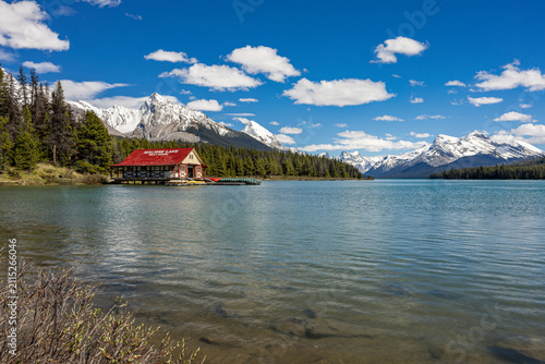 Historic Red-Roofed Boathouse on Maligne Lake, Jasper National Park
