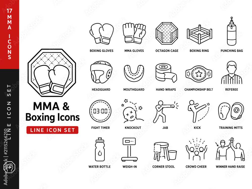 Fototapeta premium MMA and Boxing Line Icon Set with Fighting Gloves, Octagon Cage, Championship Belt and Training Equipment