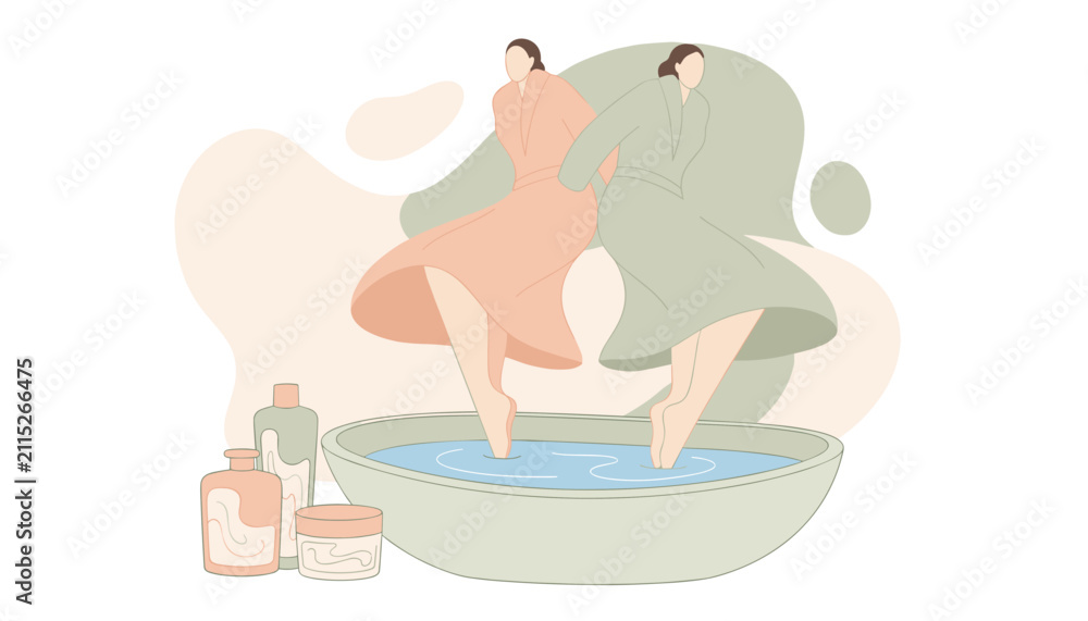 Fototapeta premium Two women in bathrobes relaxing in a large spa water basin with cosmetics.